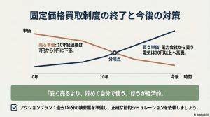 卒FIT後に売電単価が下落し買電単価が高騰する分岐点を示すグラフ。貯めて使う自給自足の経済性を解説。