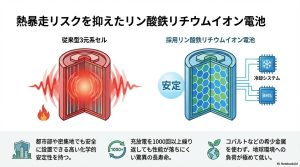 リン酸鉄リチウムイオン電池の安全性と寿命の比較図