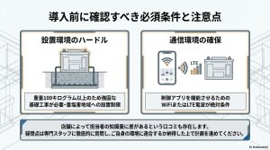 テスラ蓄電池の重量100kg以上の基礎工事と、WiFi/LTE通信環境確保の重要性の解説図。