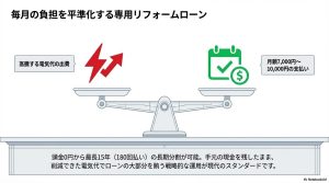電気代高騰と蓄電池ローンの月額7,000円から10,000円の支払いを比較した天秤の図。