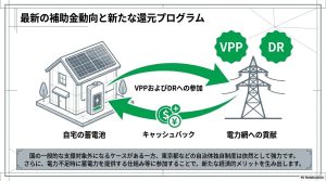 自宅の蓄電池と電力網を繋ぐVPP(仮想発電所)やDR(デマンドレスポンス)の還元スキーム図。