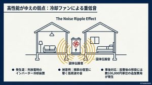 蓄電池の冷却ファンから発生する低周波音が、固体伝搬音として隣家の寝室に響くリスクを説明した図解