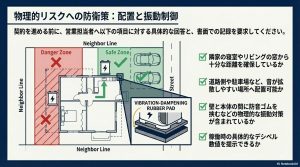 蓄電池の騒音トラブルを防ぐための設置場所(Safe Zone)と避けるべき場所(Danger Zone)、防音ゴムによる対策を示した平面図