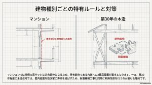 マンションの共有部分と専有部分の境界解説と、築30年木造住宅における耐震補強と断熱改修の同時施工を推奨する図解。