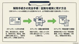 クーリングオフの3ステップ(ハガキ作成、両面コピー保管、特定記録郵便での郵送)を解説したフローチャート図