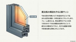 内窓の設置によって生まれる空気の層が外気をブロックする仕組みと、樹脂フレームの熱伝導率の低さを説明する断面図。