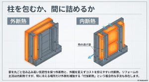 柱を外から包む外断熱と、柱の間に詰める内断熱の比較。内断熱における熱の逃げ道の発生を説明する図解。