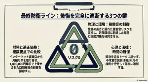 財務(価格比較)、物理(騒音制御)、心理(時間の確保)の3つの視点で蓄電池導入のリスクをゼロにするためのトライアングル概念図