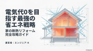 断熱リフォームで電気代ゼロを目指すための完全攻略ガイド。エンジニア-Kが運営するサイトのタイトルスライド。