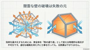 住宅を熱の通り道として捉えるイラスト。不適切なリフォームで熱が逃げる様子と、適切な断熱で熱を閉じ込める様子の比較。