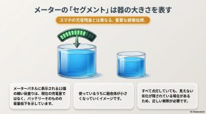 メーターのセグメントと水が入った容器の大きさの変化を比較したイラスト解説