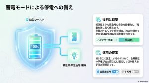 災害時に備えて残量を常に高く保つ蓄電モード。10kWhの容量で20〜24時間の生活を維持できる目安の紹介。