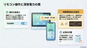 ニチコン蓄電池のリモコンとスマホアプリでの操作。深夜電力プラン変更による時間帯設定の入力ミスの警告。