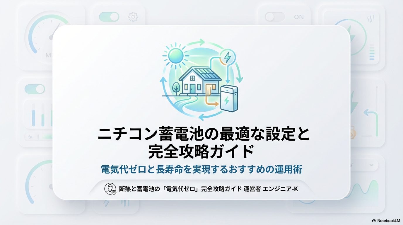 ニチコン蓄電池の最適な設定と完全攻略ガイドのアイキャッチ。電気代ゼロと長寿命を実現するおすすめ運用術の紹介。