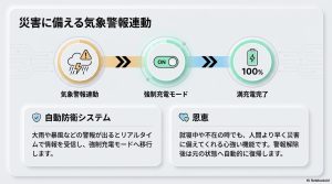 大雨や暴風などの警報が出るとリアルタイムで情報を受信し、自動で強制充電モードへ移行する自動防衛システムの図解。