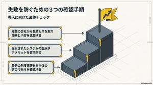 複数見積もり、弱点の質問、自治体窓口への確認という導入に向けた最終チェック手順を示すスライド