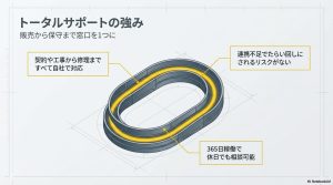 販売から施工、修理まで自社で完結し、365日相談可能なトータルサポート体制を示すイメージ図