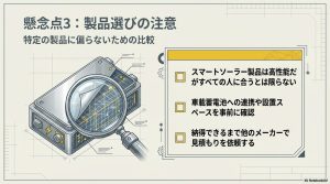 スマートソーラー製品の検討時に、車載電池連携や設置スペースを事前確認し相見積もりを推奨する注意点