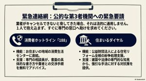 消費者ホットライン「188」と住まいるダイヤルの機能と支援内容をまとめた緊急連絡先リスト