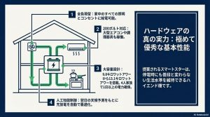 スマートスター蓄電池の全負荷型、200V対応、大容量設計、AI制御の4つの特徴を図解したイラスト