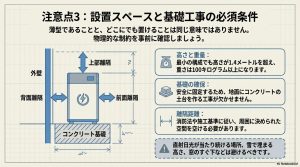 蓄電池設置の離隔距離とコンクリート基礎工事の図解。高さ1.4m以上のスペース確保と設置場所の注意点。