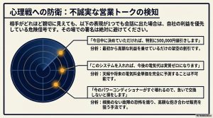 即値引きの提案や電気代実質ゼロといった、注意すべき3つの営業トークのパターンと、その裏にある意図を分析したレーダーチャート図
