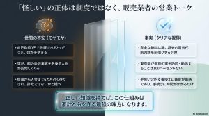 蓄電池補助金に対する世間の不安と、東京都の制度の事実を比較した図解