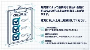 3社以上の比較を推奨し、工事の透明性、補助金の実績、提案力の3点をチェックするリスト。