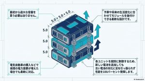 バッテリーユニットを5kWh単位で後付けできるモジュール式設計の図解。新しい電池を追加しても性能を100％発揮する個別制御を解説。