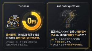 断熱と蓄電池を組み合わせた電気代0円の最終目標と、「最高峰のスペックを持つ海外製パネルは、本当に信頼できるのか?」というネットの評判や口コミに関する疑問を提示したスライド。