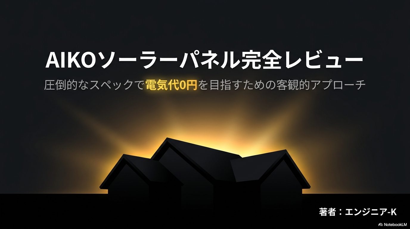 「AIKOソーラーパネル完全レビュー 圧倒的なスペックで電気代0円を目指すための客観的アプローチ 著者：エンジニア-K」と書かれた、夜明けの一軒家を背景にしたアイキャッチ画像。