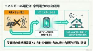売電できない電力を蓄電池というバケツで受け止め、高騰する夜間の電気代削減に充てるエネルギーの再配分イメージ