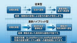 従来型の複数回変換による電力ロスと、ハイブリッド型による直流転送の効率性の違いを比較したシステム構成図。