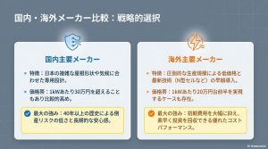 国内メーカーと海外メーカーそれぞれの価格帯、特徴、強みを比較した解説スライド。
