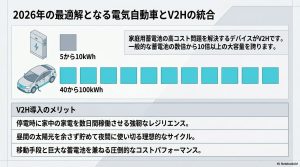 家庭用蓄電池と電気自動車(EV)の蓄電容量およびメリット比較表