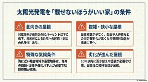 北向きの屋根、複雑な屋根形状、特殊な気候条件、劣化した屋根など設置に適さない条件のまとめ。