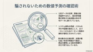 公的データの活用やシステム損失の考慮、影の動きの立体計算など、シミュレーションの妥当性を確認する方法。
