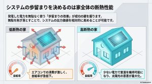 低断熱の家と高断熱の家における太陽光自給率の差を示すイラスト