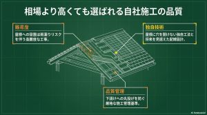 雨漏りリスク回避や独自工法、厳格な施工管理基準を解説した屋根構造の図解