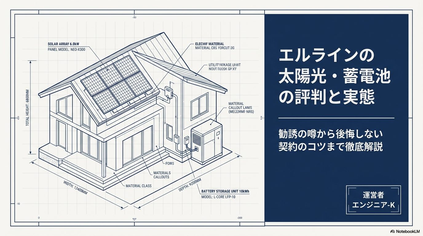 エルラインの太陽光発電と蓄電池の導入を検討するためのガイド画像。運営者エンジニア-Kによる徹底解説。