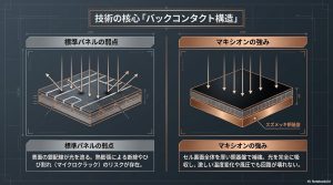 標準パネルの弱点(銀配線の遮光と断線リスク)とマキシオンの強み(スズメッキ銅基盤による高い耐久性と受光効率)の比較構造図。