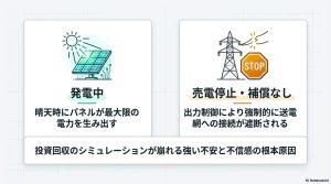 晴天時に発電しても出力制御により送電網への接続が遮断され、売電が停止し補償もない状態の図解