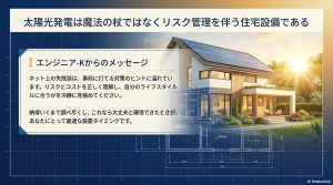 太陽光発電は魔法の杖ではなくリスク管理が必要な設備であることを伝えるエンジニア-Kのメッセージスライド
