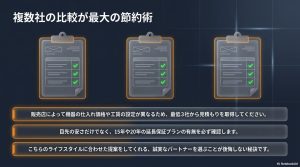 3社の見積書を比較し、仕入れ価格や工賃の違い、15年・20年の延長保証の有無、ライフスタイルに合わせた提案をする誠実なパートナー選びの重要性を示す図。