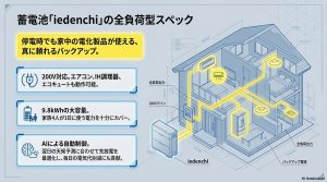 200V対応、9.8kWhの大容量、AI自動制御を備えたネクストエナジーの蓄電池iedenchiの停電時利用イメージ