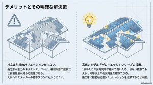 ネクストエナジーのパネル形状の少なさを、高出力モデル「ゼロ・エッジ」と配置シミュレーションで解決する図解