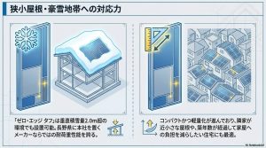 垂直積雪量2.0m超対応の「ゼロ・エッジ タフ」と、狭小屋根に適したコンパクト軽量設計の解説