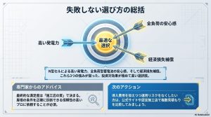 高い発電力、全負荷の安心感、経済損失補償の3つの強みが揃ったネクストエナジーの最適な選択肢と専門家のアドバイスをまとめた図解