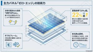 次世代セル技術N型TOPConや変換効率22%超、劣化防止部材を採用したゼロ・エッジパネルの構造図