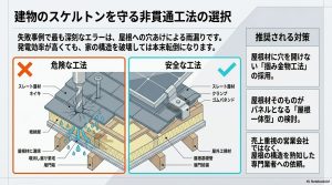 危険な穴あけ工法と安全な掴み金物工法の断面比較図
